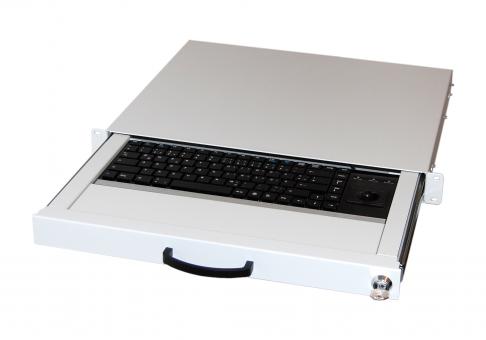 19" 1HE Tastaturschublade inkl. Tastatur DE undTrackball 14 mm mit 2 Tasten, USB + PS/2, RAL9005 
