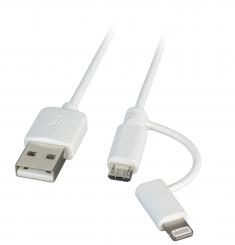 MFI USB2.0 Kabel Typ-A - 2 in 1 Stecker- Micro-B / Lightning, 1,0m, weiß 
